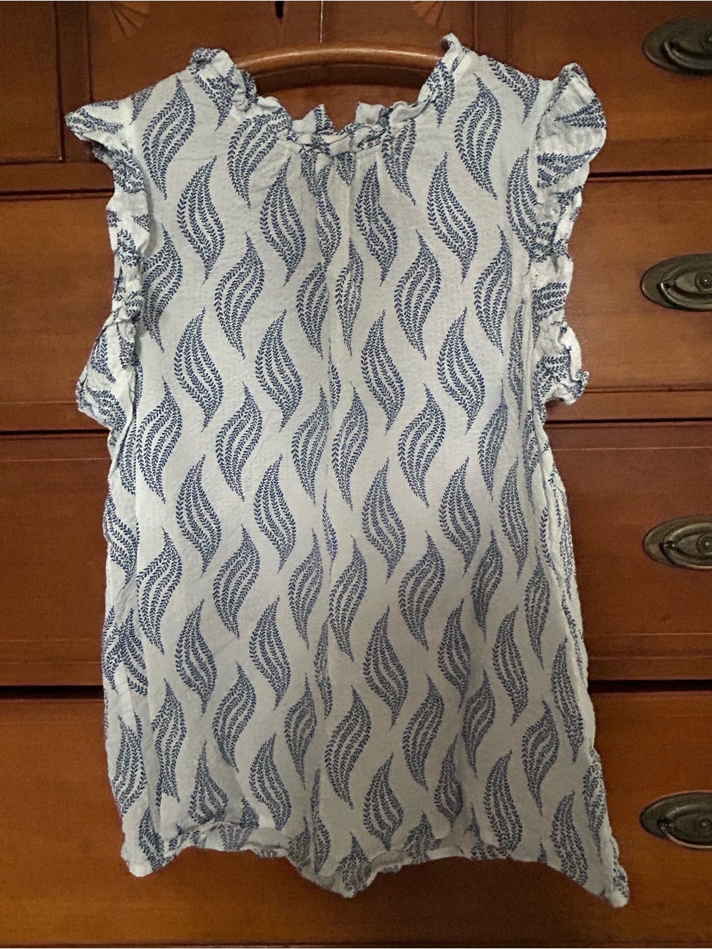 THML White and Navy Printed Ruffle Sleeve Top